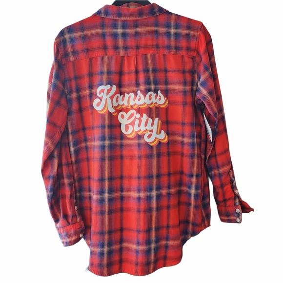 Kansas City Chiefs Upcycled Vibrant Red Plaid Button Down Shirt, Size Small - Picture 1 of 4